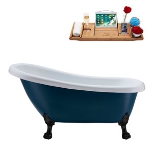 Streamline 28W x 61L Matte Light Blue Acrylic Clawfoot Bathtub with Matte Black Feet and Reversible Drain with Tray