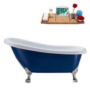Streamline 28W x 61L Matte Dark Blue Acrylic Clawfoot Bathtub with Brushed Nickel Feet and Reversible Drain with Tray