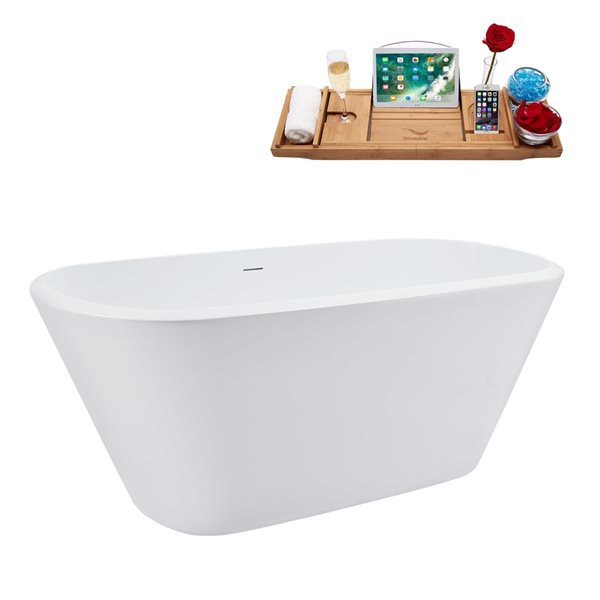 Streamline 28-in x 59-in Glossy White Acrylic Freestanding Bathtub with Matte Black Center Drain and Tray