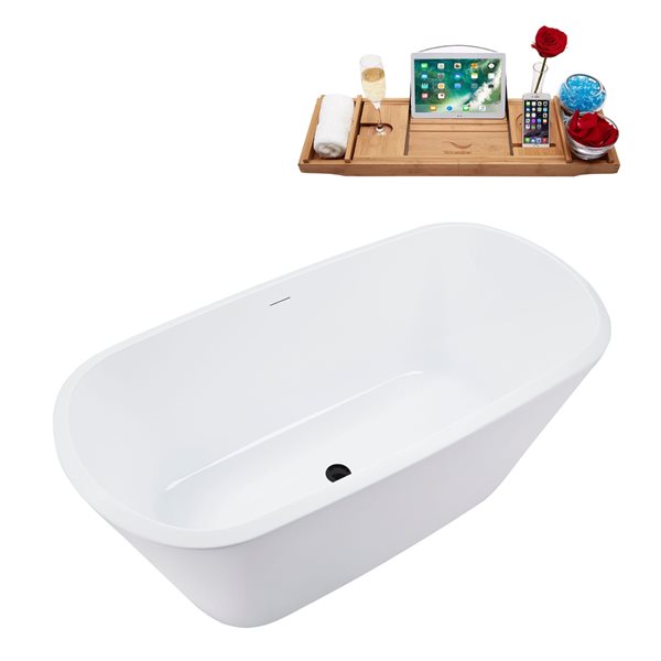 Streamline 28-in x 59-in Glossy White Acrylic Freestanding Bathtub with Matte Black Center Drain and Tray