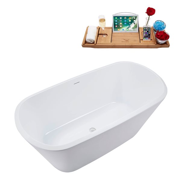 Baignoire en acrylique blanc lustré Streamline de 28 po x 59 po avec drain centré blanc lustré et plateau