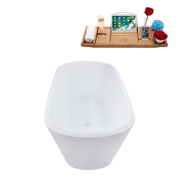 Baignoire en acrylique blanc lustré Streamline de 28 po x 59 po avec drain centré blanc lustré et plateau