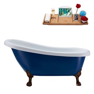 Streamline 28W x 61L Matte Dark Blue Acrylic Clawfoot Bathtub with Matte Oil Rubbed Bronze Feet and Reversible Drain with Tray
