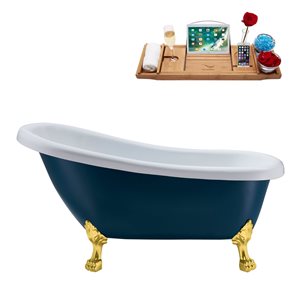 Streamline 28W x 61L Matte Light Blue Acrylic Clawfoot Bathtub with Polished Gold Feet and Reversible Drain with Tray
