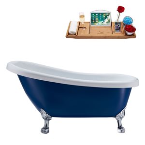 Streamline 28W x 61L Matte Dark Blue Acrylic Clawfoot Bathtub with Polished Chrome Feet and Reversible Drain with Tray