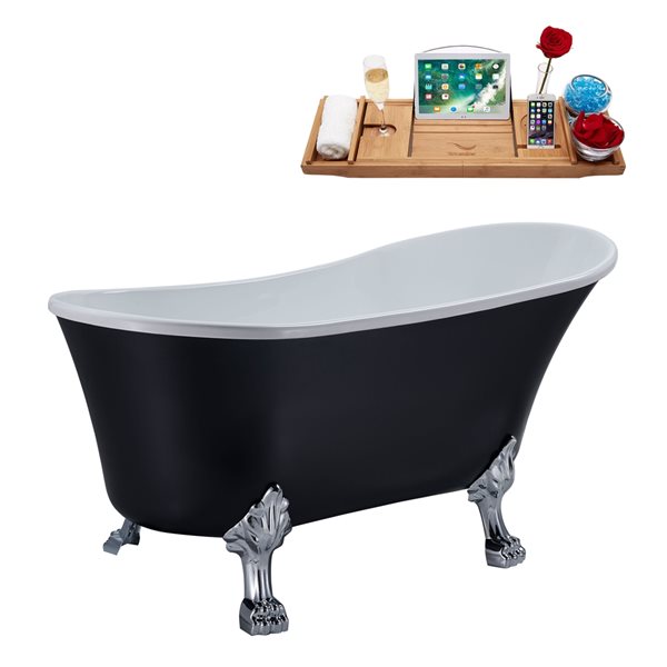 Streamline 28W x 59L Matte Black Acrylic Clawfoot Bathtub with Polished Chrome Feet and Reversible Drain with Tray