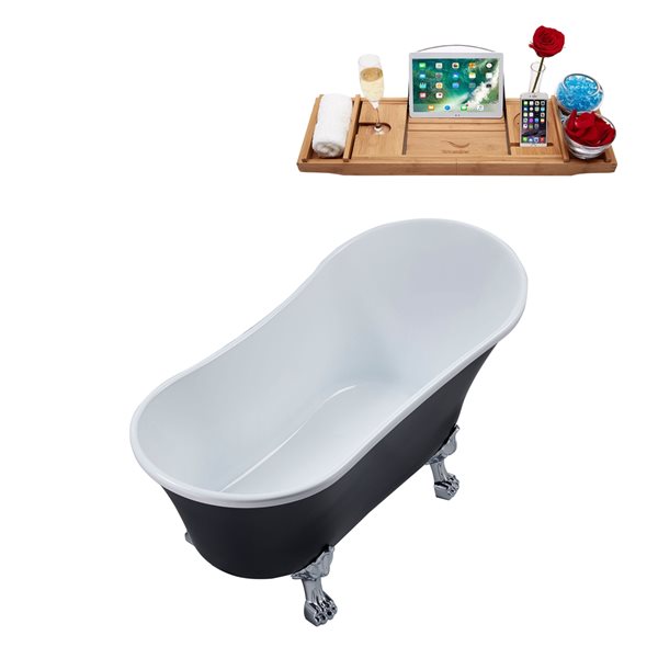 Streamline 28W x 59L Matte Black Acrylic Clawfoot Bathtub with Polished Chrome Feet and Reversible Drain with Tray