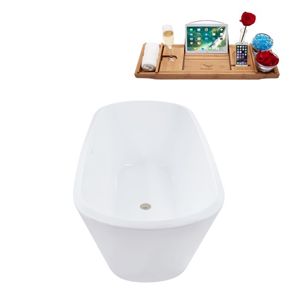 Baignoire en acrylique blanc lustré Streamline de 28 po x 59 po avec drain centré nickel brossé et plateau