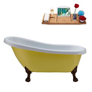 Streamline 28W x 61L Matte Yellow Acrylic Clawfoot Bathtub with Matte Oil Rubbed Bronze Feet and Reversible Drain with Tray