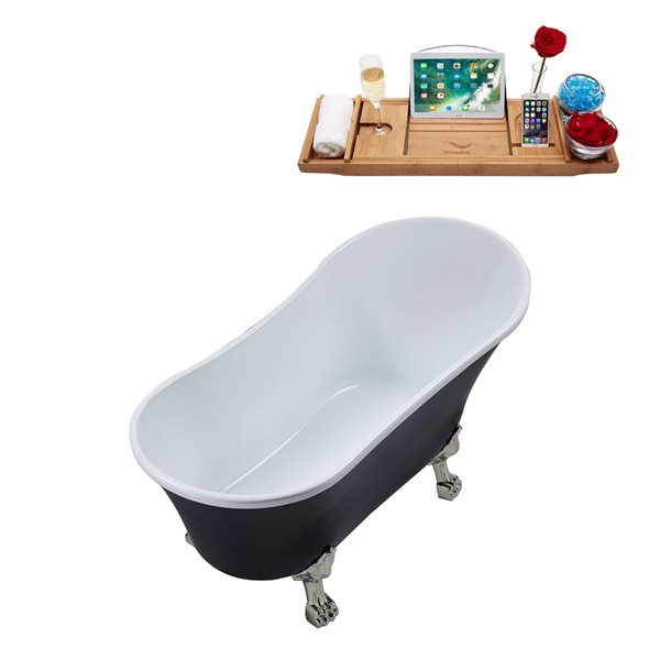 Streamline 28W x 59L Matte Black Acrylic Clawfoot Bathtub with Brushed Nickel Feet and Reversible Drain with Tray