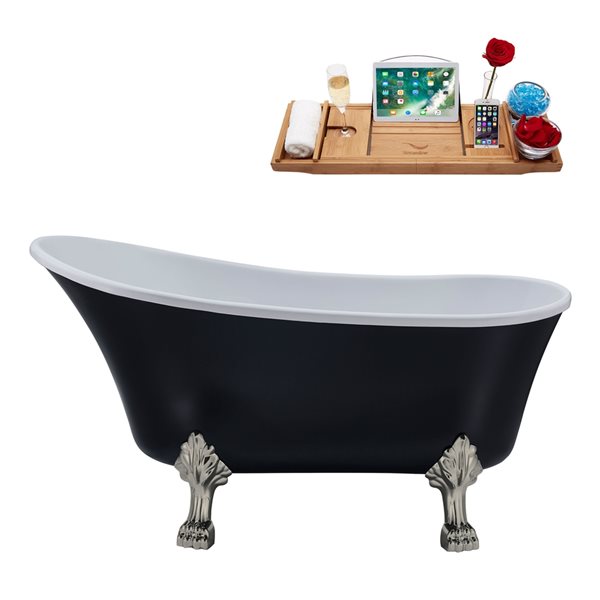 Streamline 28W x 59L Matte Black Acrylic Clawfoot Bathtub with Brushed Nickel Feet and Reversible Drain with Tray