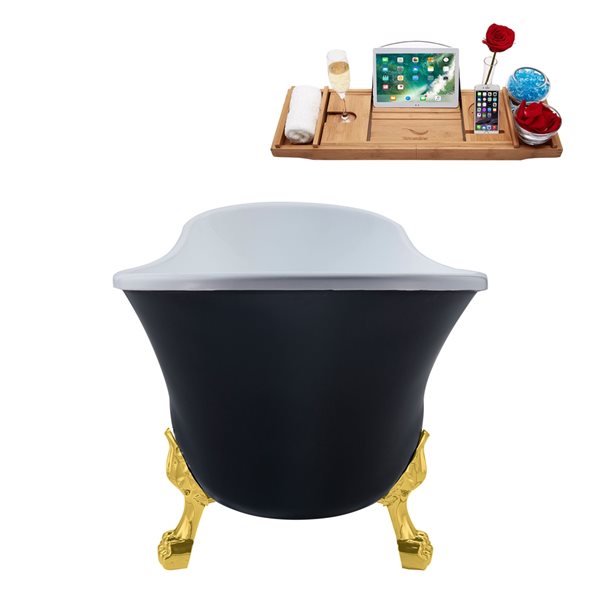 Streamline 28W x 59L Matte Black Acrylic Clawfoot Bathtub with Polished Gold Feet and Reversible Drain with Tray