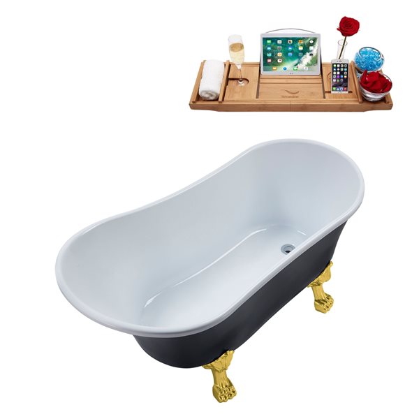 Streamline 28W x 59L Matte Black Acrylic Clawfoot Bathtub with Polished Gold Feet and Reversible Drain with Tray
