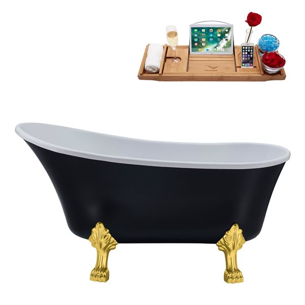 Streamline 28W x 59L Matte Black Acrylic Clawfoot Bathtub with Polished Gold Feet and Reversible Drain with Tray