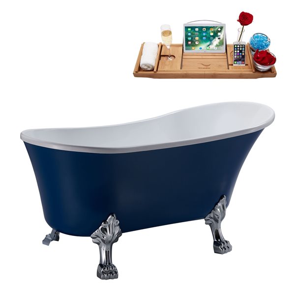 Streamline 27W x 55L Matte Dark Blue Acrylic Clawfoot Bathtub with Polished Chrome Feet and Reversible Drain with Tray