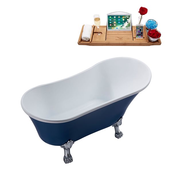 Streamline 27W x 55L Matte Dark Blue Acrylic Clawfoot Bathtub with Polished Chrome Feet and Reversible Drain with Tray