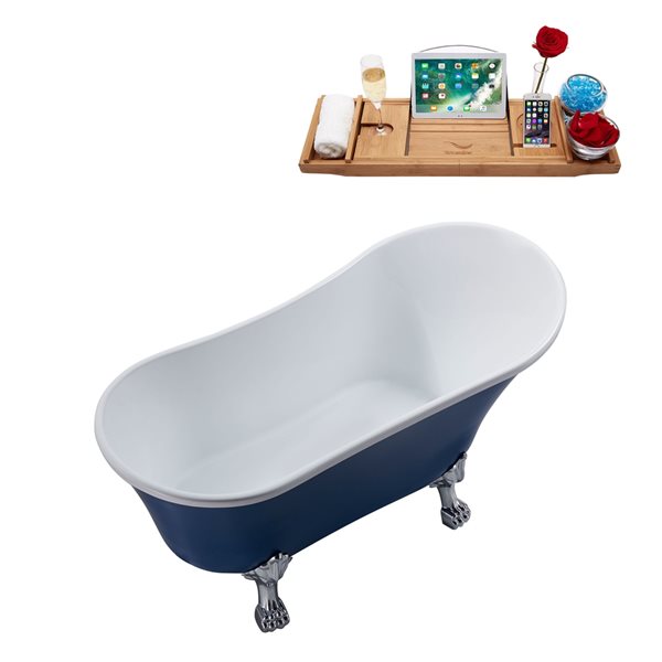 Streamline 27W x 55L Matte Dark Blue Acrylic Clawfoot Bathtub with Polished Chrome Feet and Reversible Drain with Tray
