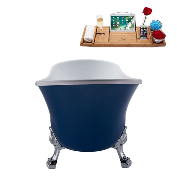 Streamline 27W x 55L Matte Dark Blue Acrylic Clawfoot Bathtub with Polished Chrome Feet and Reversible Drain with Tray