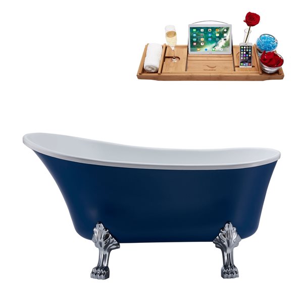 Streamline 27W x 55L Matte Dark Blue Acrylic Clawfoot Bathtub with Polished Chrome Feet and Reversible Drain with Tray