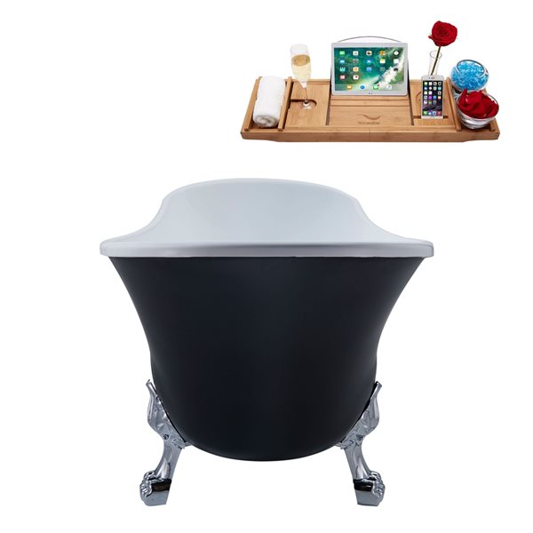Streamline 28W x 59L Matte Black Acrylic Clawfoot Bathtub with Polished Chrome Feet and Reversible Drain with Tray