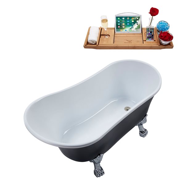 Streamline 28W x 59L Matte Black Acrylic Clawfoot Bathtub with Polished Chrome Feet and Reversible Drain with Tray