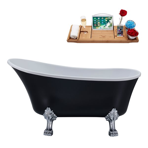 Streamline 28W x 59L Matte Black Acrylic Clawfoot Bathtub with Polished Chrome Feet and Reversible Drain with Tray