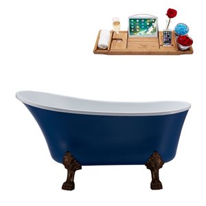 Streamline 28W x 63L Matte Dark Blue Acrylic Clawfoot Bathtub with Matte Oil Rubbed Bronze Feet and Reversible Drain with Tray