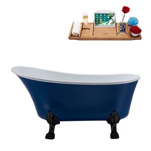 Streamline 28W x 63L Matte Dark Blue Acrylic Clawfoot Bathtub with Matte Black Feet and Reversible Drain with Tray