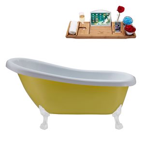 Streamline 28W x 61L Matte Yellow Acrylic Clawfoot Bathtub with Glossy White Feet and Reversible Drain with Tray