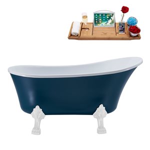 Streamline 27W x 55L Matte Light Blue Acrylic Clawfoot Bathtub with Glossy White Feet and Reversible Drain with Tray