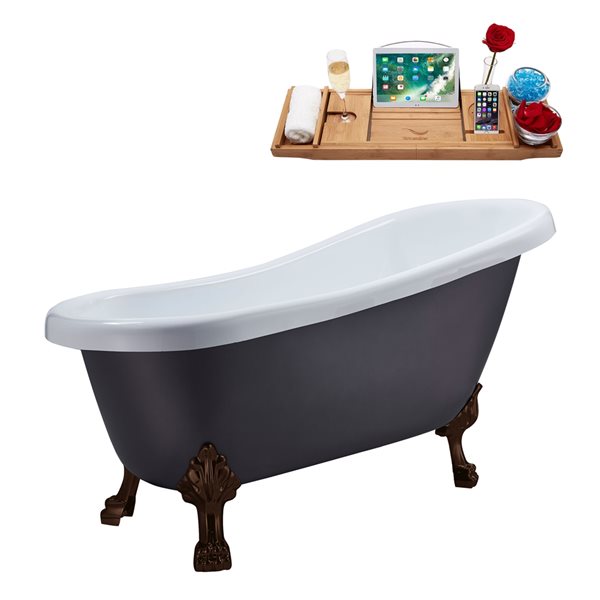 Streamline 28W x 61L Matte Grey Acrylic Clawfoot Bathtub with Matte Oil Rubbed Bronze Feet and Reversible Drain with Tray