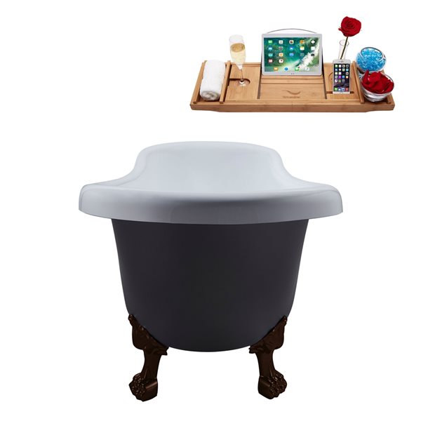 Streamline 28W x 61L Matte Grey Acrylic Clawfoot Bathtub with Matte Oil Rubbed Bronze Feet and Reversible Drain with Tray