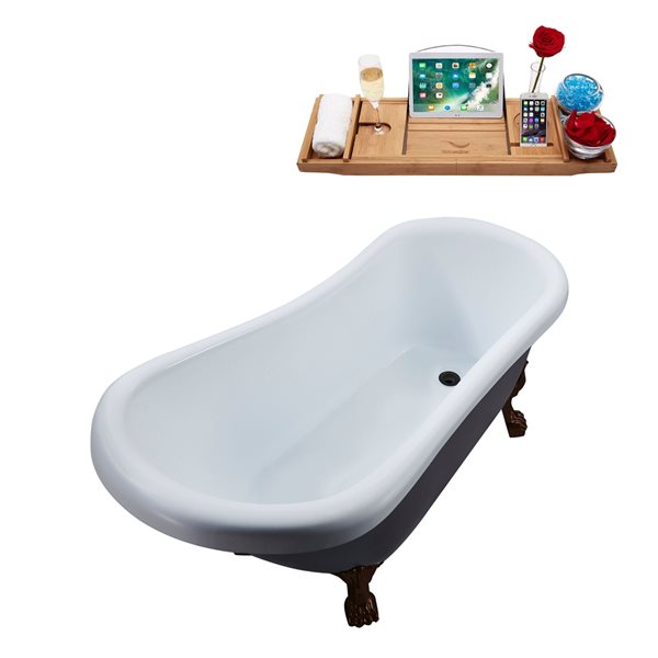 Streamline 28W x 61L Matte Grey Acrylic Clawfoot Bathtub with Matte Oil Rubbed Bronze Feet and Reversible Drain with Tray