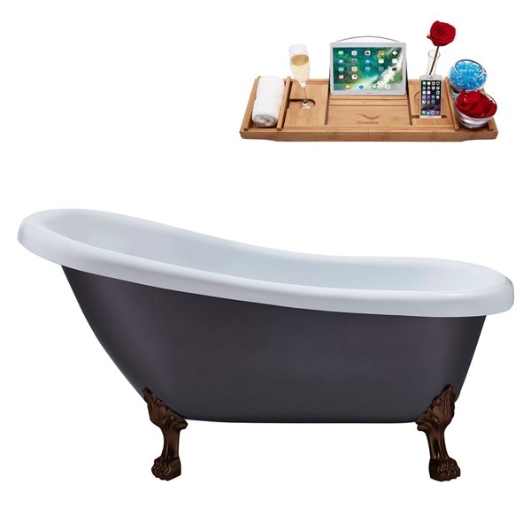 Streamline 28W x 61L Matte Grey Acrylic Clawfoot Bathtub with Matte Oil Rubbed Bronze Feet and Reversible Drain with Tray