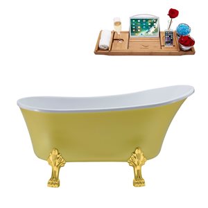 Streamline 28W x 63L Matte Yellow Acrylic Clawfoot Bathtub with Polished Gold Feet and Reversible Drain with Tray