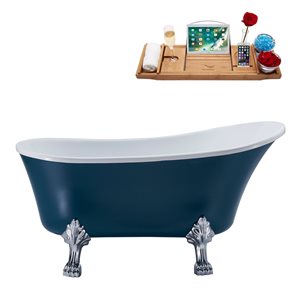 Streamline 28W x 59L Matte Light Blue Acrylic Clawfoot Bathtub with Polished Chrome Feet and Reversible Drain with Tray
