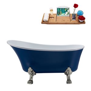 Streamline 28W x 63L Matte Dark Blue Acrylic Clawfoot Bathtub with Brushed Nickel Feet and Reversible Drain with Tray