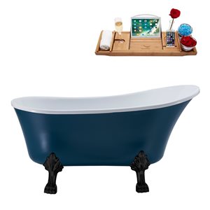 Streamline 27W x 55L Matte Light Blue Acrylic Clawfoot Bathtub with Matte Black Feet and Reversible Drain with Tray