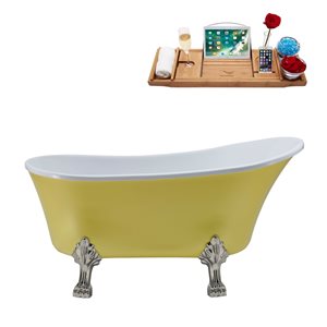 Streamline 27W x 55L Matte Yellow Acrylic Clawfoot Bathtub with Brushed Nickel Feet and Reversible Drain with Tray