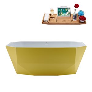 Streamline 29W x 63L Matte Yellow Acrylic Bathtub and a Polished Gold Center Drain with Tray