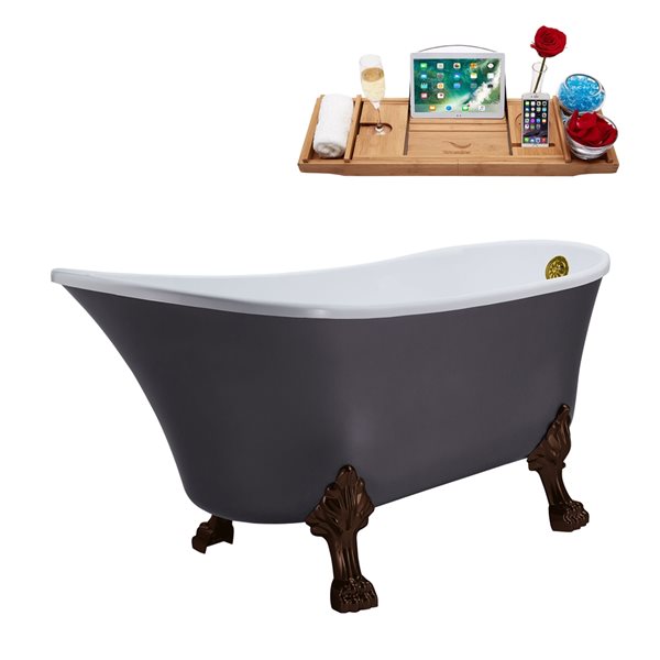 Streamline 27W x 55L Matte Grey Acrylic Clawfoot Bathtub with Matte Oil Rubbed Bronze Feet and Reversible Drain with Tray
