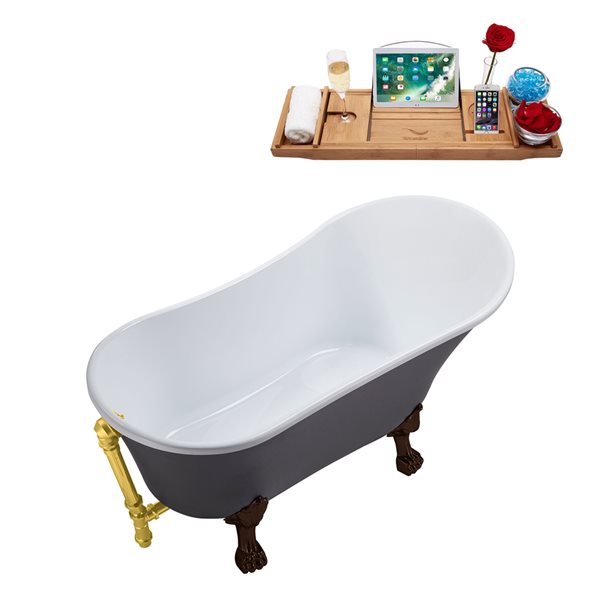 Streamline 27W x 55L Matte Grey Acrylic Clawfoot Bathtub with Matte Oil Rubbed Bronze Feet and Reversible Drain with Tray