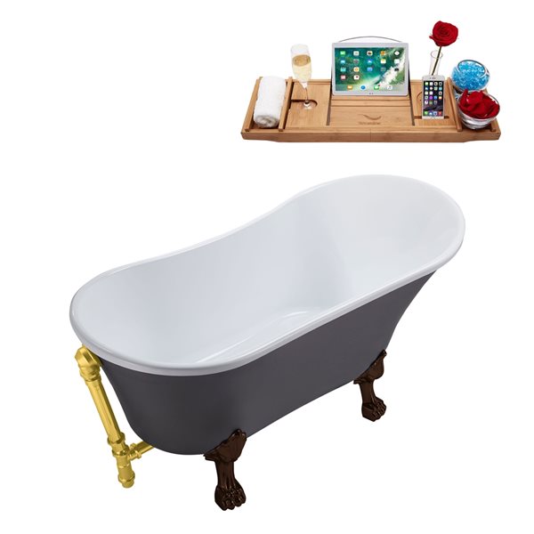 Streamline 27W x 55L Matte Grey Acrylic Clawfoot Bathtub with Matte Oil Rubbed Bronze Feet and Reversible Drain with Tray