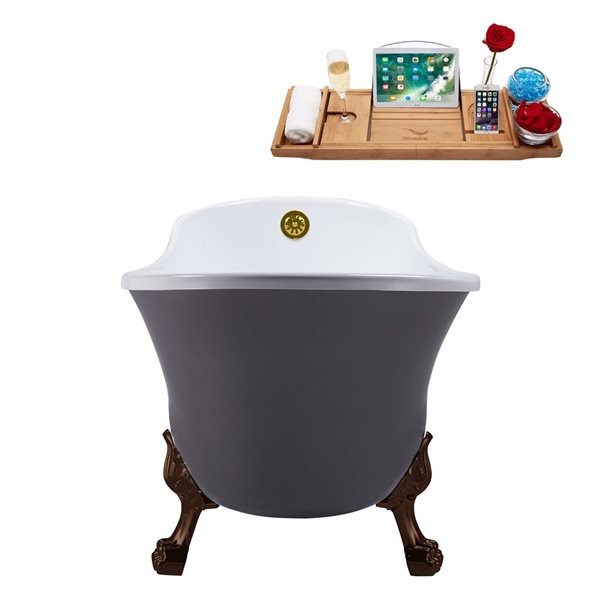 Streamline 27W x 55L Matte Grey Acrylic Clawfoot Bathtub with Matte Oil Rubbed Bronze Feet and Reversible Drain with Tray
