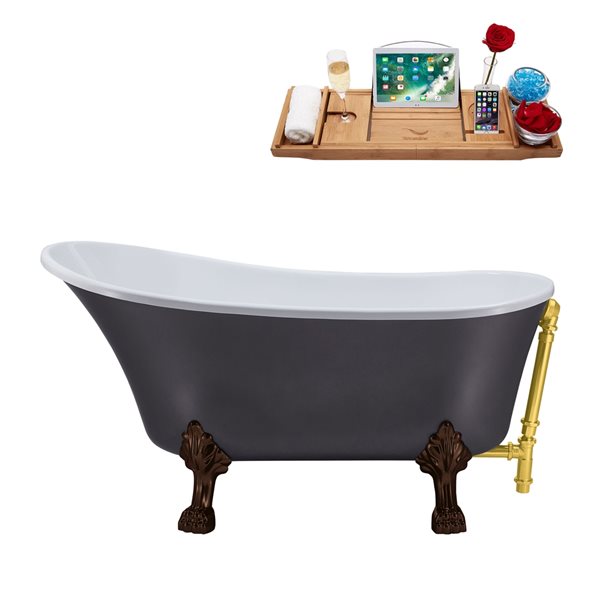 Streamline 27W x 55L Matte Grey Acrylic Clawfoot Bathtub with Matte Oil Rubbed Bronze Feet and Reversible Drain with Tray