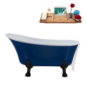Streamline 27W x 55L Matte Dark Blue Acrylic Clawfoot Bathtub with Matte Black Feet and Reversible Drain with Tray