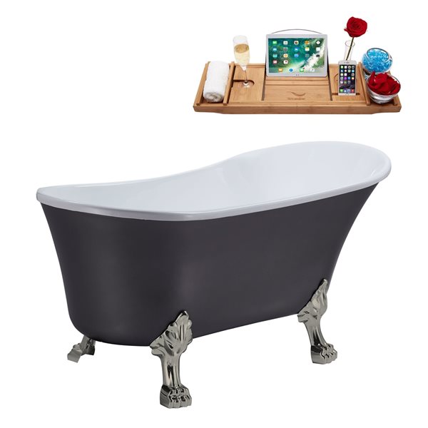 Streamline 27W x 55L Matte Grey Acrylic Clawfoot Bathtub with Brushed Nickel Feet and Reversible Drain with Tray