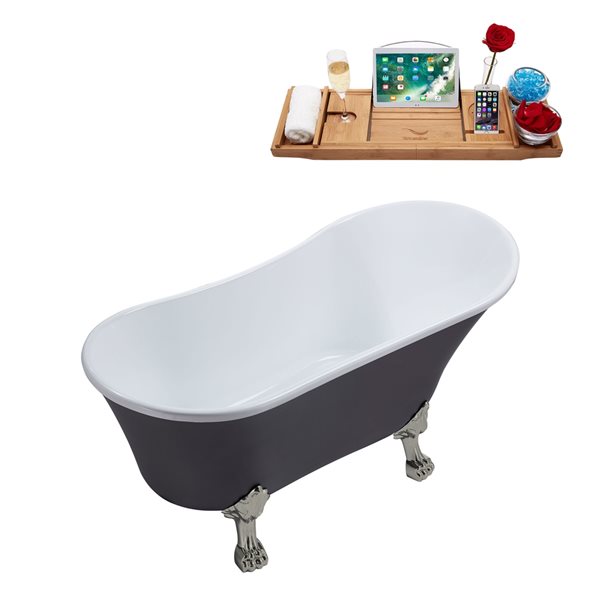Streamline 27W x 55L Matte Grey Acrylic Clawfoot Bathtub with Brushed Nickel Feet and Reversible Drain with Tray