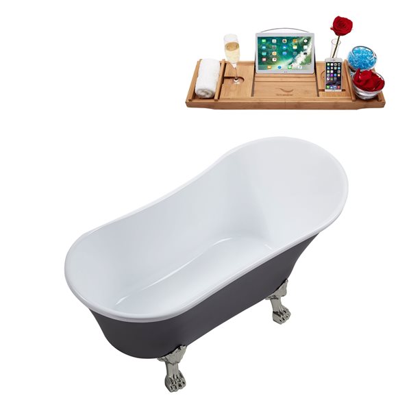 Streamline 27W x 55L Matte Grey Acrylic Clawfoot Bathtub with Brushed Nickel Feet and Reversible Drain with Tray