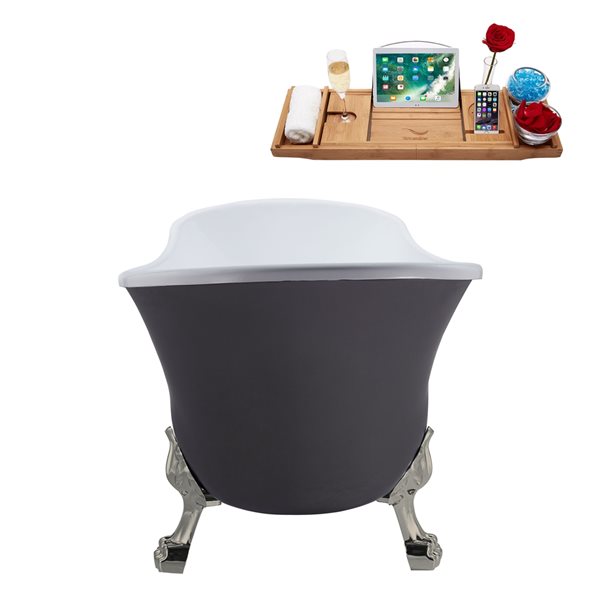 Streamline 27W x 55L Matte Grey Acrylic Clawfoot Bathtub with Brushed Nickel Feet and Reversible Drain with Tray